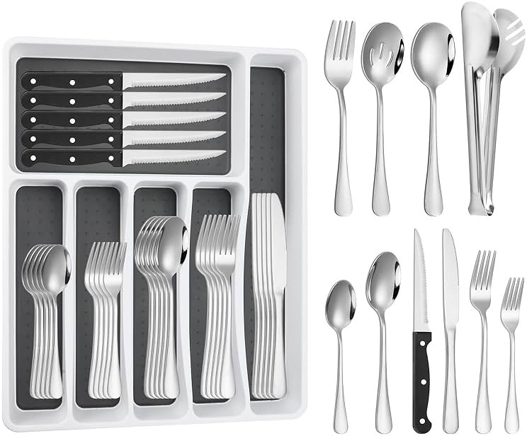 53PCS Silverware Set for 8 with Flatware Drawer Organizer, Stainless Steel Cutlery Set with Steak Knives, Include Spoons and Forks Set & Serving Utensils, Mirror Polished, Dishwasher Safe - Product Image