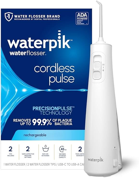 Waterpik Cordless Pulse 3100 Rechargeable Portable Water Flosser for Teeth, Gums, Braces Care and Travel with 2 Flossing Tips, Waterproof for Shower Use, ADA Accepted, WF-20 White, Amazon Exclusive - Product Image