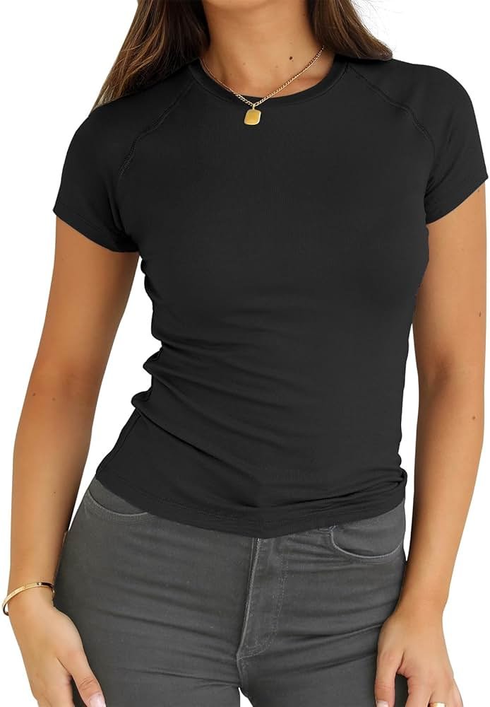 Abardsion Women Casual Raglan Sleeve Slim Fit T Shirts - 2026 Summer Crewneck Short Sleeve Basic Going Out Tops Workout - Product Image