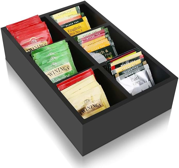 HymoConn Tea Bag Box Wood Black 6 Compartments Tea Bag Organizer Drawer Storage, Large Capacity Sugar Packet Holder for Coffee Station,Sweeteners, Condiment Organizer - Product Image