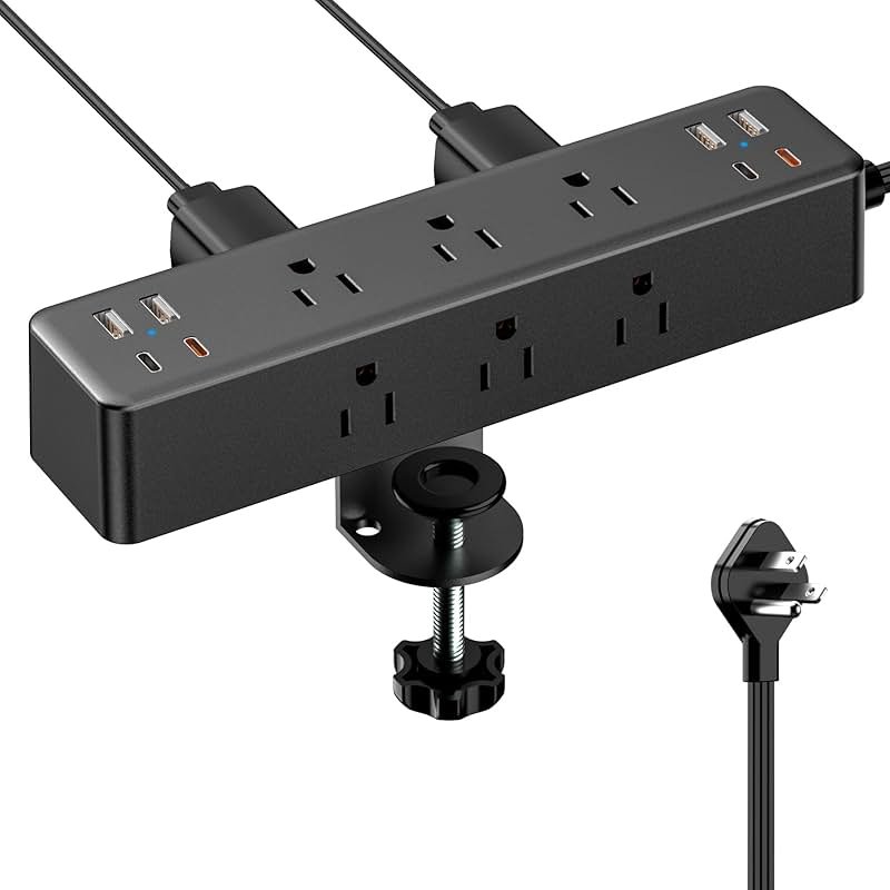 Flat Plug Desk Clamp Power Strip 10FT, 40W Total Fast Charging Station, Dual PD 20W USB C Ports, Desk Edge Mount Power Strip 9 AC Outlets 8 USB Ports(4 USB C), Fit 1.7" Tabletop Edge - Product Image
