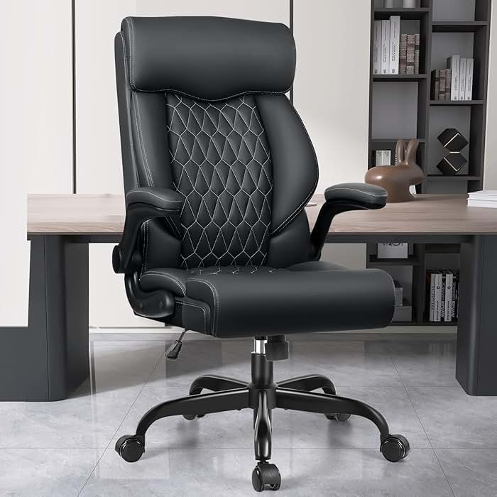 High Back Executive Office Chair - Ergonomic Computer Desk with Rocking Function, Leather Managerial with Adjustable Flip-Up Armrests and Lumbar Support - Product Image