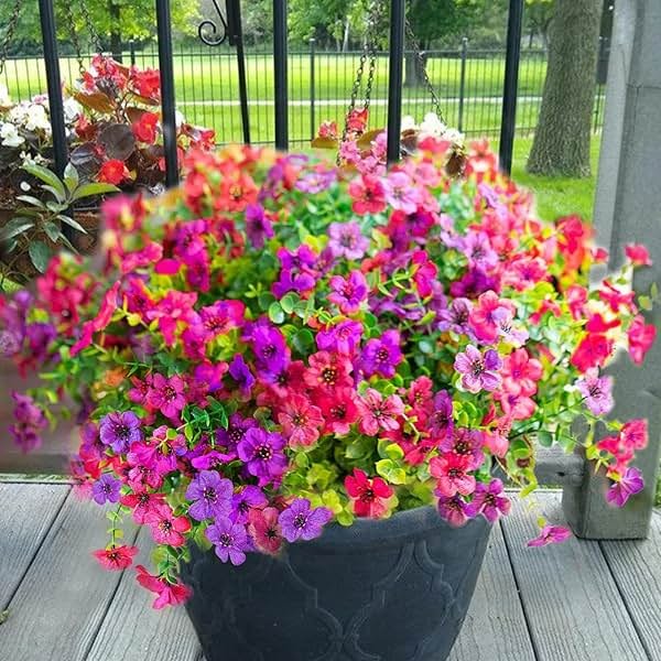 Yastouay 12 Bundles Artificial Flowers for Outdoors, UV Resistant Artificial Outdoor Flowers No Fade Fake Outdoor Flowers Plants for Garden Porch Window Box Pot Planters Decor (Fuchsia+Rose Red) - Product Image