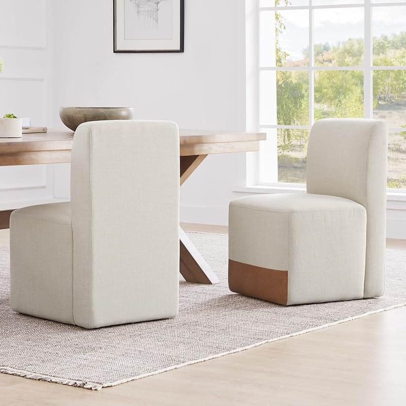 CHITA Dining Chairs with Casters Set of 2, FSC Certified Upholstered Armless Modern Rolling Dining Chairs with Rollers for Bedroom Reading Room Living Room, Linen & Cognac Faux Leather Patchwork - Product Image