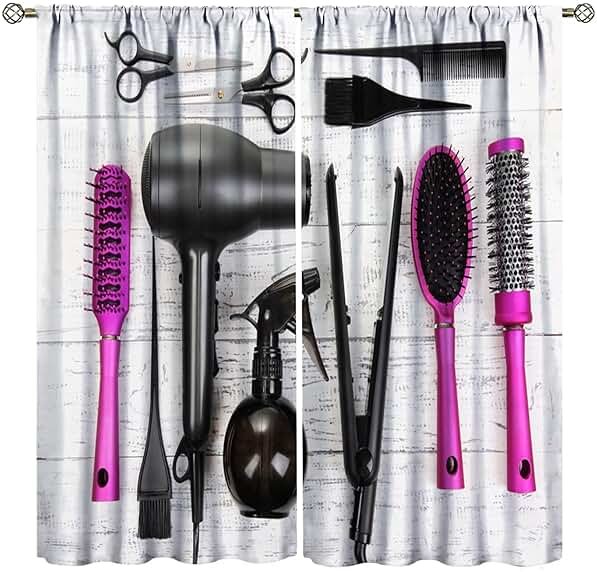 ZhiRain Fashion Makeup Curtains Hair Salon Cosmetic Haircut Equipment Hair Dryer and Comb Pattern Curtain with Rod Pocket for Home Decor Drapes Window Treatments 2 Panels Set 42x54 Inch - Product Image
