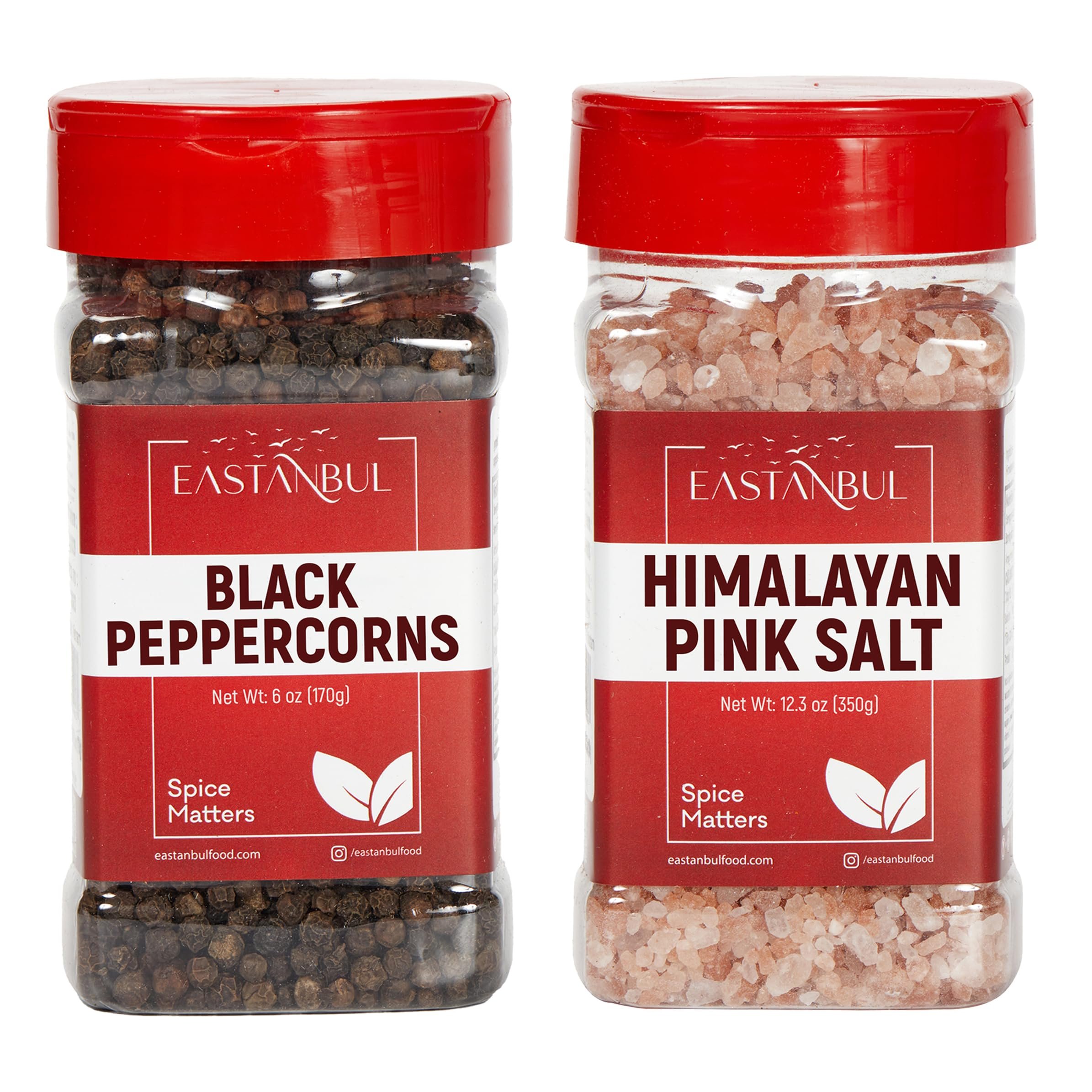 Eastanbul Salt and Pepper for Grinder Refill, Peppercorns Whole 6oz, Pink Himalayan Salt 12.3oz, Peppercorns for Grinder Refill, Himalayan Pink Salt and Pepper, Spice Buddies Series, Gift Box - Product Image