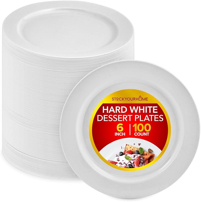 Stock Your Home 100 Count Premium White Plastic Plates, 6 Inch White Disposable Wedding Cake Plates, Heavy Duty Plastic Dessert Plates, Cocktail Appetizer Plates for Christmas Dinner Parties - Product Image