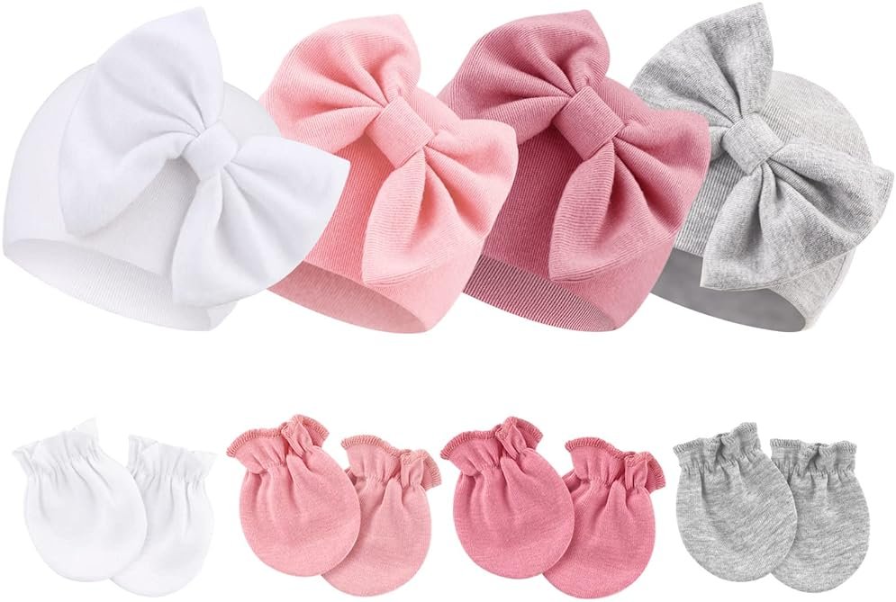 Newborn Baby Hats and Mittens Set Infant Bow Beanie Cap Toddler Gloves Newborn Hospital Hats for Baby Boy Girl 0-6 Months - Product Image