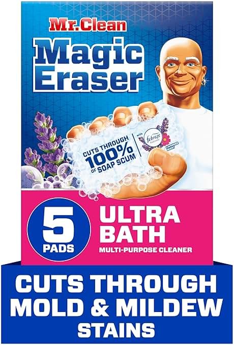 Mr. Clean Magic Eraser Sponge, Bathroom Cleaner, Shower Cleaner, Tub Cleaner, Soap Scum Remover, Bathroom Cleaning Supplies, Dawn Cleaning Power with Febreze Lavender Scent, 5ct - Product Image