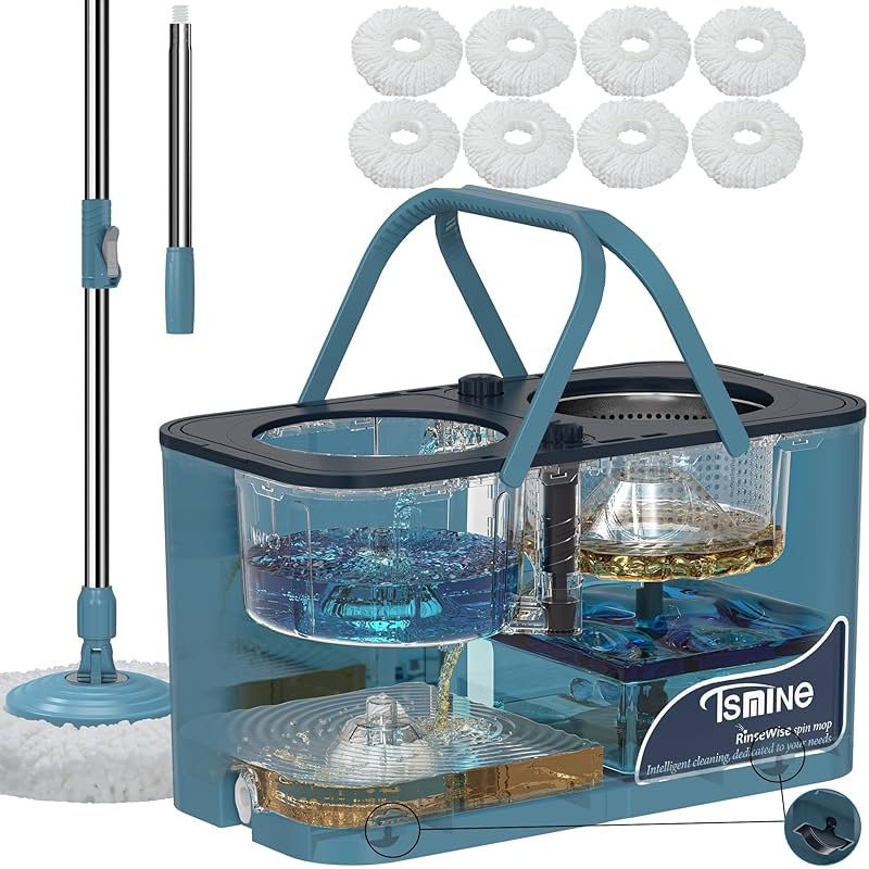 Gen 1 Large-Capacity Spin Mop and Bucket – for Big Homes & Deep Cleaning Days,4-Chamber System Separates Dirty & Clean Water, 2-GAL Heavy-Duty Design with Wheels & 8 Refill Mop Heads - Blue/Grey - Product Image