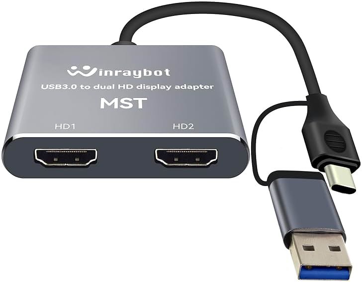 WinRaybot USB to HDMI Adapter for 2 Monitors-USB3.0 to Dual hdmi for 3 Monitors-USB to HDMI with Two HD Displau Supports Mac & Windows/Dual HDMI Extender -External Video & Graphics Card Adapter - Product Image