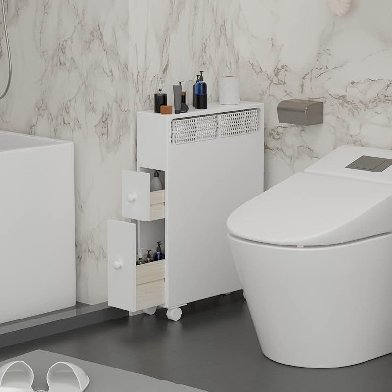 MASAKA B&W Bathroom Organizers and Storage,Slim Bathroom Storage Cabinet,Toilet Paper Storage, Movable Cabinet with 2 Drawers and Shelf, Corner Shelves, Side Organizer Toilet - Product Image