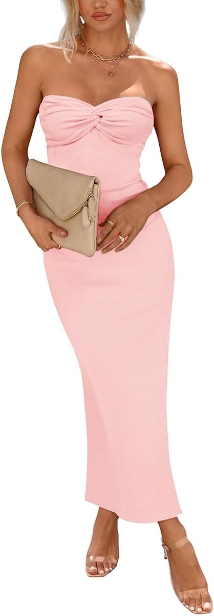 PRETTYGARDEN Women's 2026 Summer Bodycon Maxi Dress Strapless Tube Twist Knot Front Ribbed Knit Slit Cocktail Party Dresses - Product Image