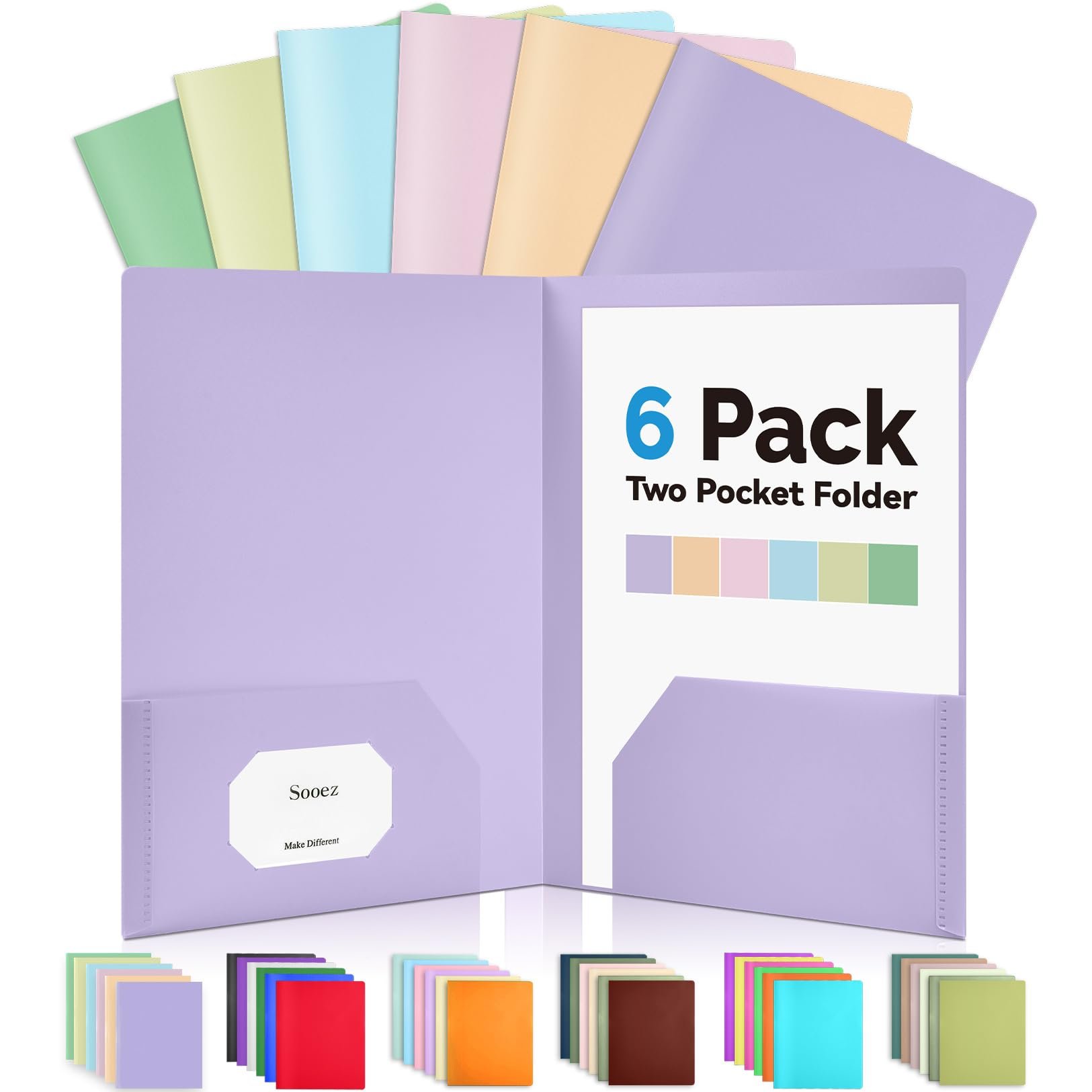 Sooez 6Pack Folders with Pockets, Pastels Colors, Heavy Duty Pocket Folder, Plastic Folders with Pockets, 2-Pocket Folder Bulk, Aesthetic File Folder, Back to School Office Filing Supplies - Product Image