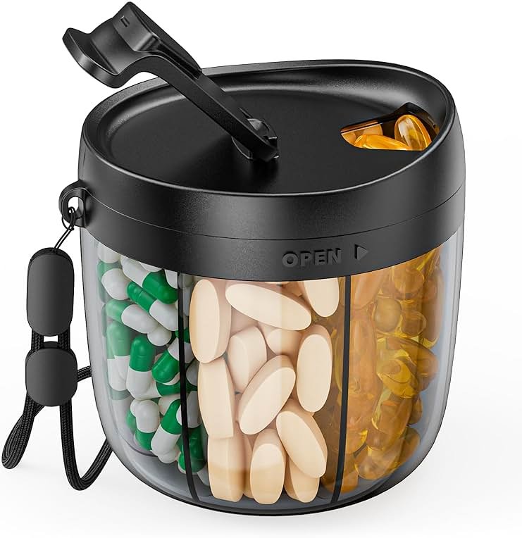 PULIV Portable Pill Dispenser Bottle, Vitamin Organizer with 7 Compartments, Holds Plenty of Supplements, Anti-Mix & Wide Openings Design, Easy to Retrieve Meds, Travel Essentials, Includes 20 Labels - Product Image