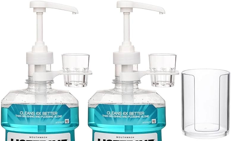 Dispenser Pumps for Listerine 1 or 1.5 Liter Mouthwash Bottles with Cup Holders, Resuable Cups and Clear Plastic Paper Cup Dispenser - Fits Total Care, Original, Zero Alcohol, Cool Mint, etc - Product Image