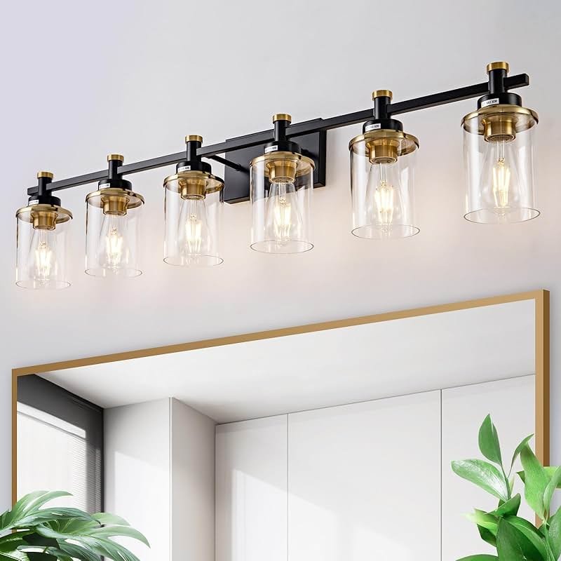 Aixialin 6 Bathroom Vanity Lights, Black and Gold Bathroom Light Fixtures, Sconces Wall Lighting with Clear Glass Shade, Modern Brushed Gold Vanity Lighting Fixtures for Bathroom, Bedroom, Hallway - Product Image