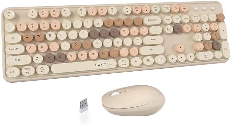 UBOTIE Colorful Wireless Keyboard and Mouse Combos, Retro Typewriter Floating Flexible Full-Sized Keys Computer Keyboard with Optical Mouse, 2.4GHz USB Connection for Windows Mac (Milk Tea -Colorful) - Product Image