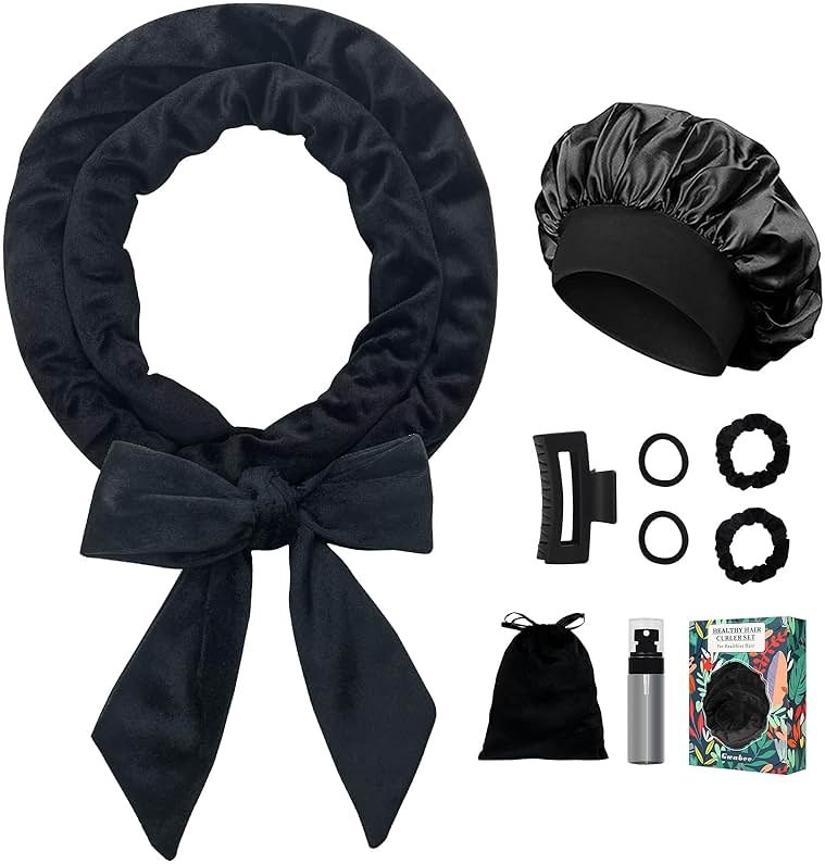 Gwabee No Heat Hair Curlers Overnight Curls Headband - 70" Soft Ribbon Curl Wrap for Long Hair, 9 PCS Curling Rod Set with Bonnet - Black - Product Image