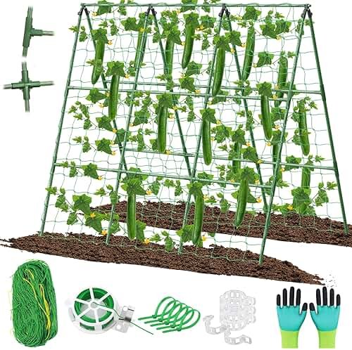 Cucumber Trellis for Raised Beds, 45 x 53 Inch Adjustable Size A-Frame Garden Trellis for Climbing Plant Outdoors with Climbing Net and Plant Support Clip for Vegetable Grape Tomato Bean Pea - Product Image