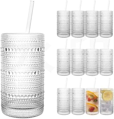 Dingerjar Upgraded Large Capacity 16 oz/480 ml Hobnail Glasses Drinking Set of 12 - Heavy Vintage Glassware - Product Image