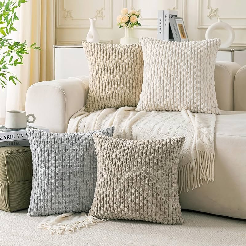 Cozoomy Set of 4 Neutral Decorative Throw Pillow Covers 18x18 Inch Corduroy Pillow Covers for Bed Couch Sofa Living Room Soft Square Cushion Cases - Product Image