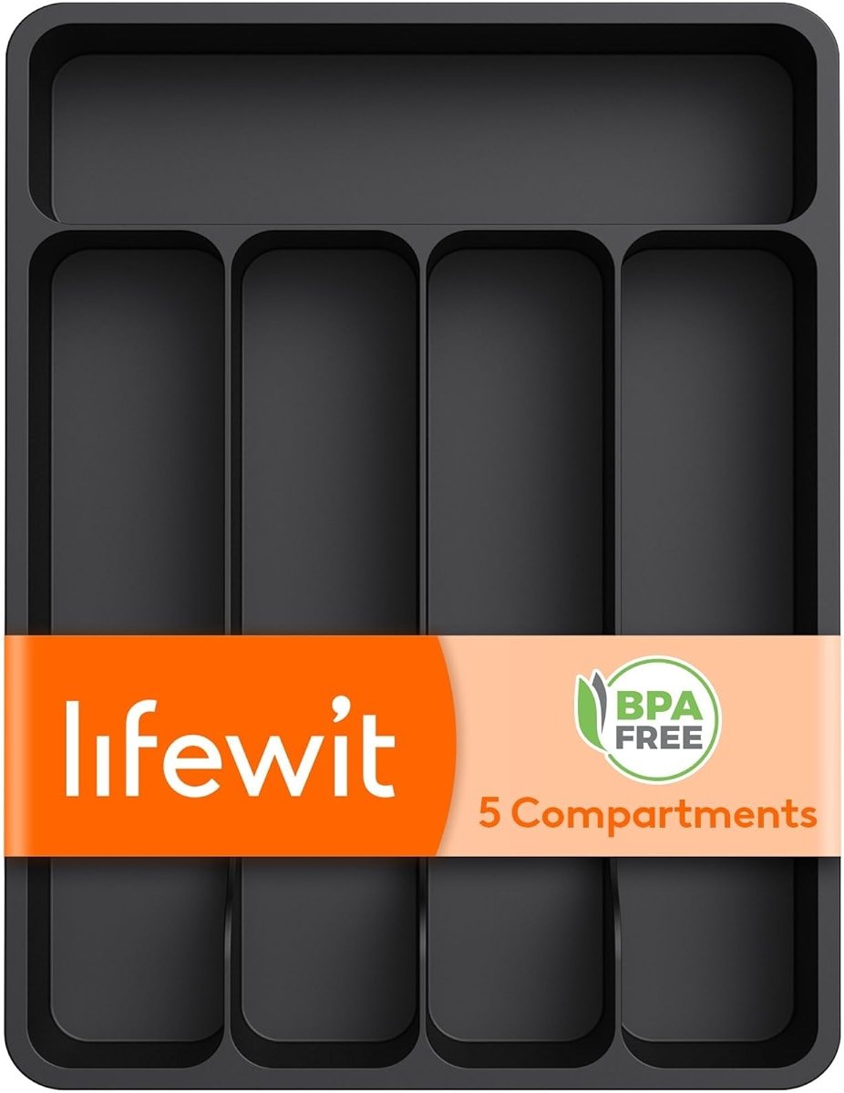 Lifewit Silverware Drawer Organizer Tray, Plastic Cutlery Storage for Kitchen, Flatware and Utensil Holder Divider for Spoons Forks Knives Tableware, 9.1 x 12.6", 5 Slots, Black - Product Image