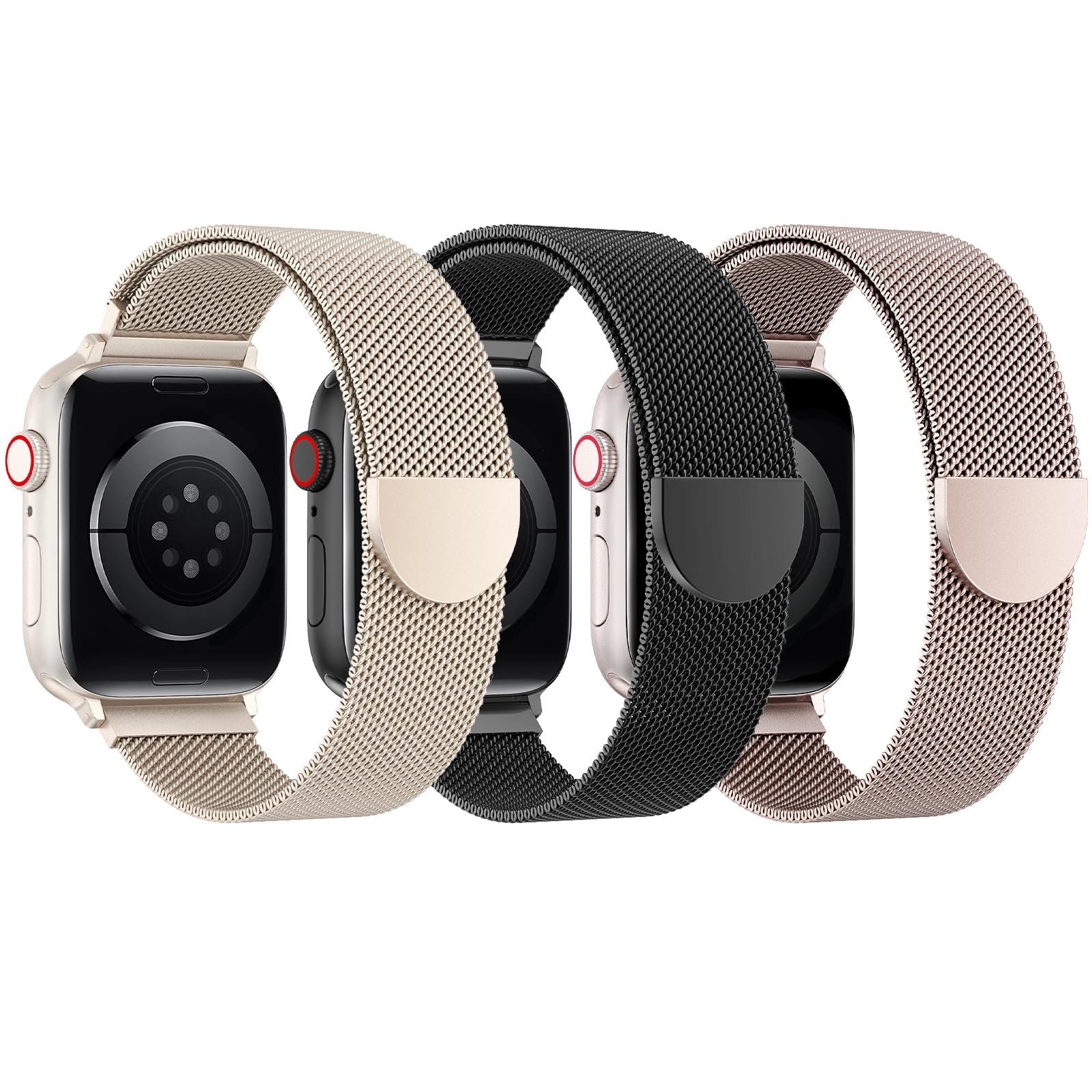 BELONGME 3 Pack Mesh Loop Compatible with Apple Watch Bands for Women Men 40mm 41mm 38mm 42mm 44mm 45mm 49mm 46mm Series 11 10 9 8 7 6 5 4 Ultra3 SE3 2, Stainless Steel Metal Magnetic Strap for iWatch - Product Image