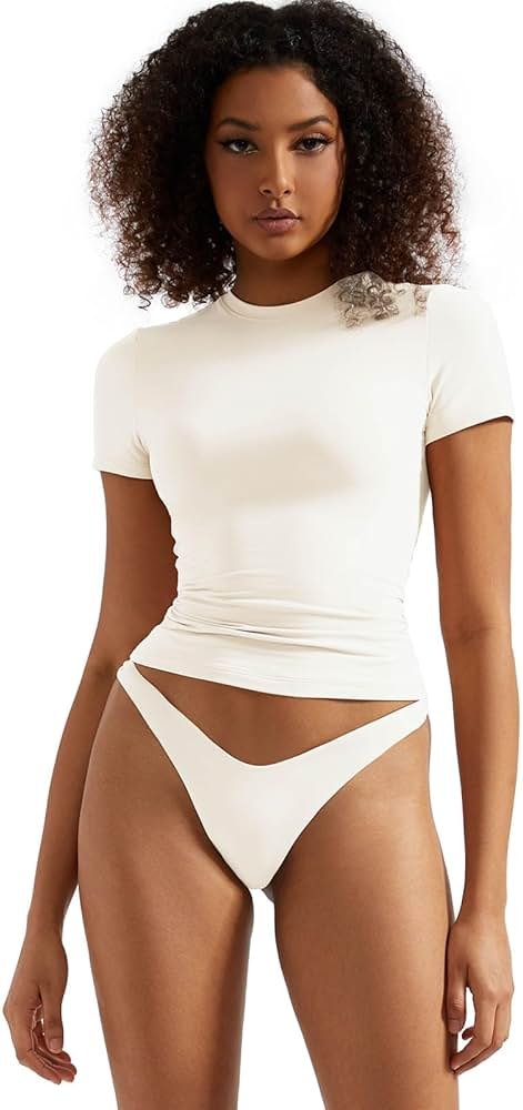 SUUKSESS Women Double Lined Fitted Basic Tee Crew Neck Short Sleeve Y2K Crop Top - Product Image