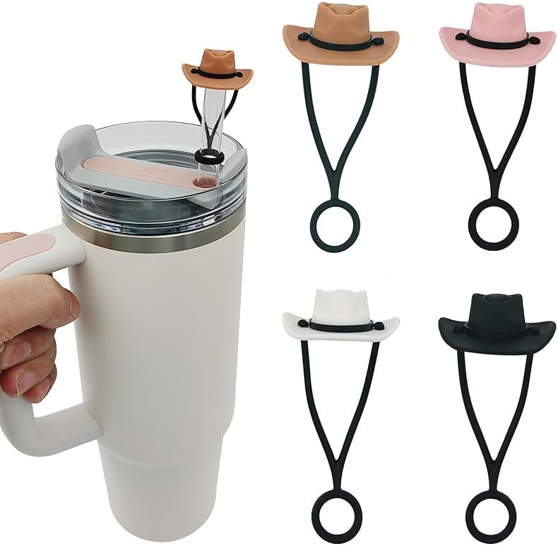 HOMDSG 4 Pack Silicone Cowboy Hat Straw Covers Cap Compatible with Stanley Cup 30 40 oz, Cute Funny Tumbler Straw Topper Accessories for Man & Woman Gift for Christmas - Product Image