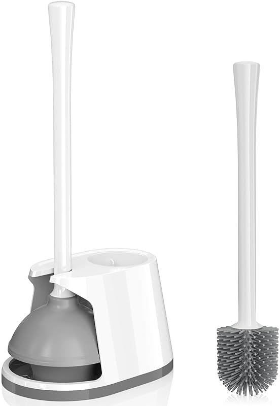 Toilet Plunger and Brush Set, Silicone Bowl Brush and Heavy Duty Toilet Plunger with Ventilated Holder, 2-in-1 Toilet Brush and Plunger Combo for 5.3-inch Toilet Drain Bathroom Deeply Cleaning - Product Image