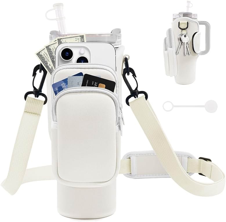 JEBEALUO Water Bottle Carrier Bag with Phone Pocket for Stanley Cup 40/30 oz, Water Bottle Holder with Adjustable Strap& Straw Cover, Stanley Cup Accessories - Product Image