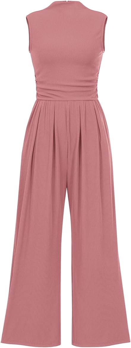PRETTYGARDEN Womens Summer Jumpsuits Dressy Casual One Piece Outfits Sleeveless Mock Neck Wide Leg Pants Rompers with Pockets - Product Image