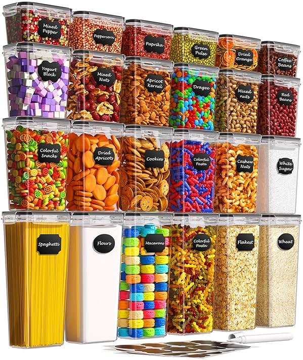Airtight Food Storage Containers with Lids, 24 PCS Kitchen and Pantry Organization Canisters, BPA-Free, PVC-Free, Food-grade Plastic Leak-proof Jars for Cereal, Flour, Sugar, Extra 24 Labels & Marker - Product Image