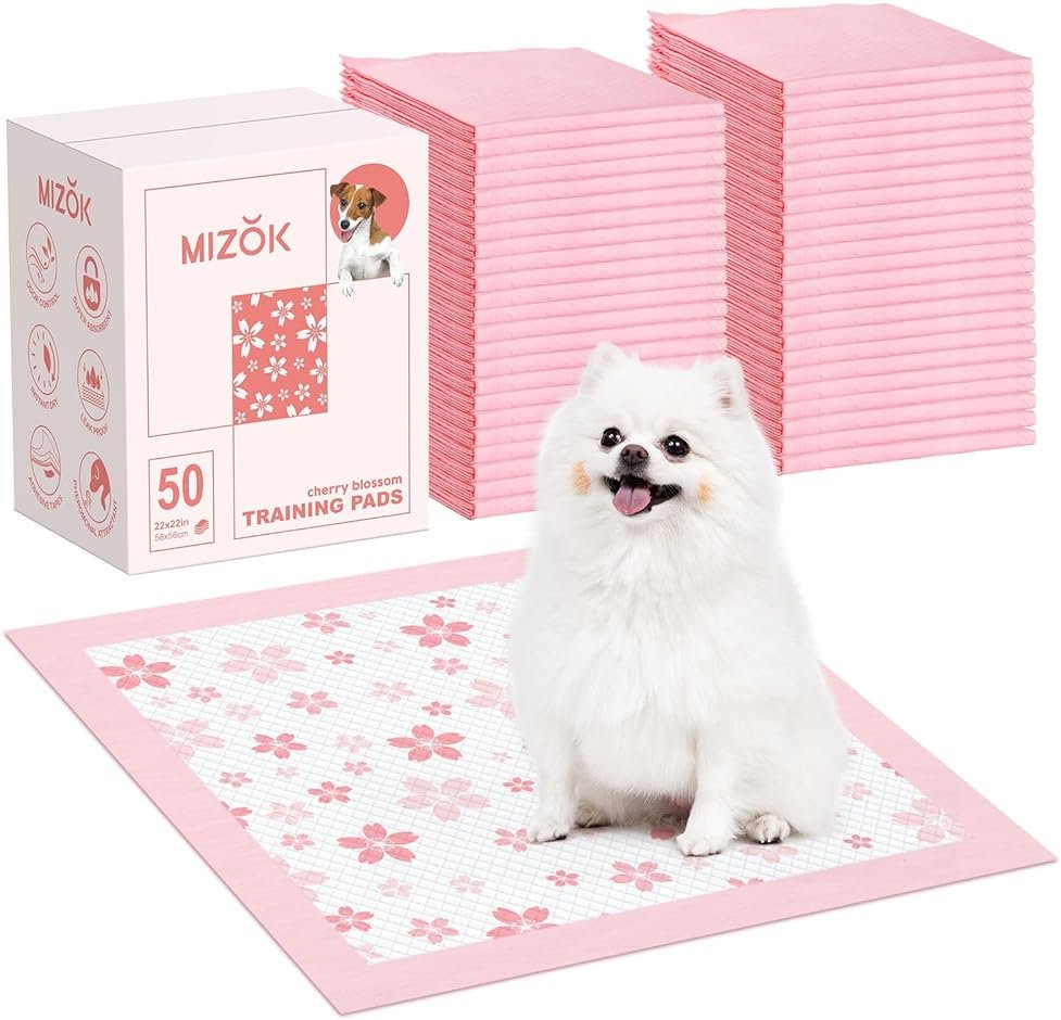 MIZOK Puppy Pads Pink 22x22in, Quick-Dry Puppy Training Pads with Pheromone Attractant, Decorative Cherry Blossom 6-Layer Heavy Duty Leak-Proof Pet Pads, Disposable (50 Count) - Product Image