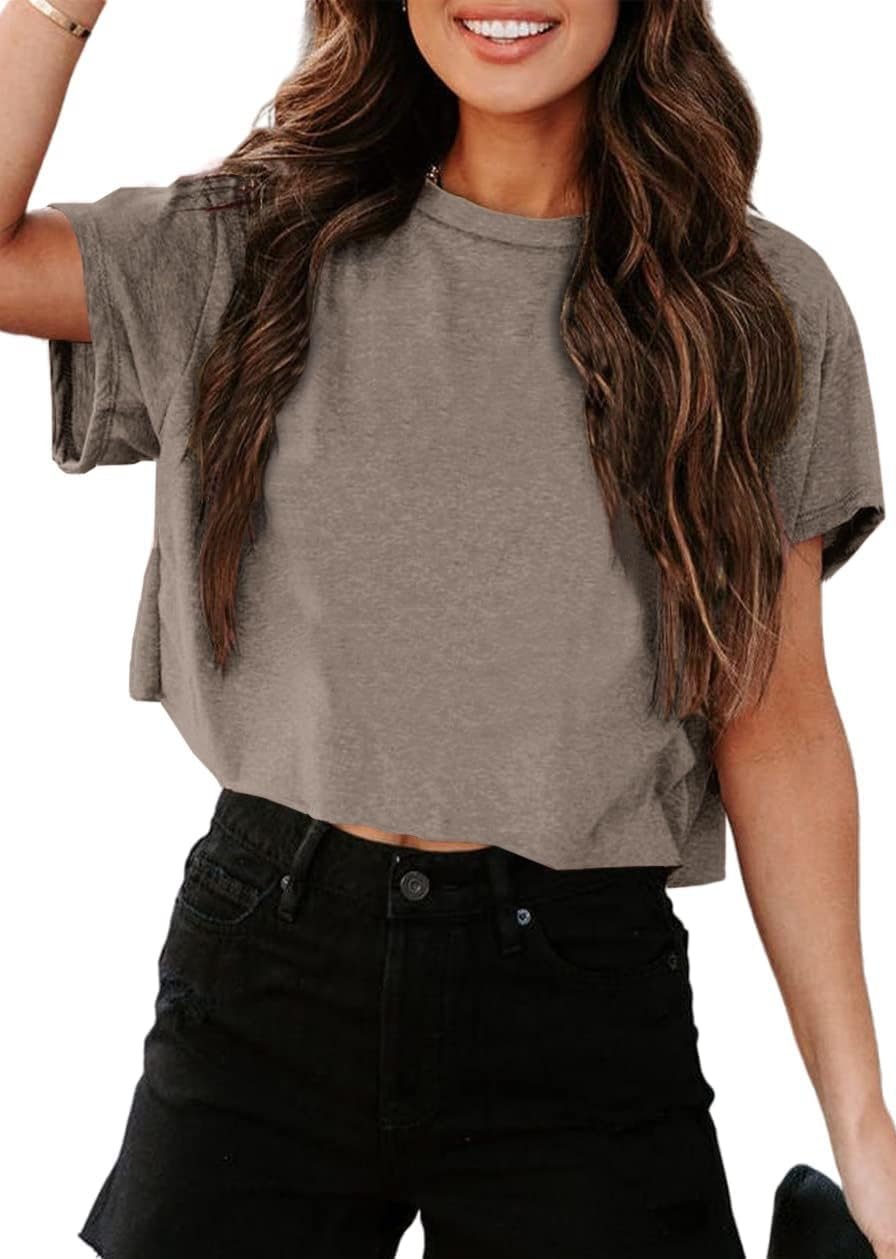 UNCLECAT Women's Cropped T Shirts Trendy Short Sleeve Crew Neck Crop Tops Solid Basic Tee - Product Image