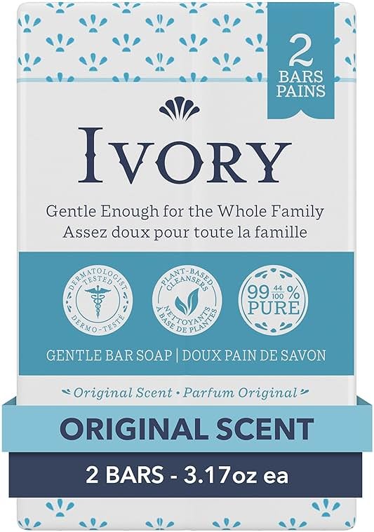Ivory Gentle Bath Bar Soap, Designed for Whole Family, 99.44% Pure Formula with Plant-Based Cleansers, Made Without Heavy Perfumes, Parabens or Phthalates, Original Scent, 3.17 oz (2 Count) - Product Image