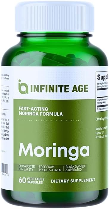 INFINITE AGE 1000mg Organic Moringa Leaf Powder Capsules, 60 Count - Made in The USA, Vegan, Gluten Free, All-Natural - Antioxidants, Liver and Kidney Support Supplement - Product Image
