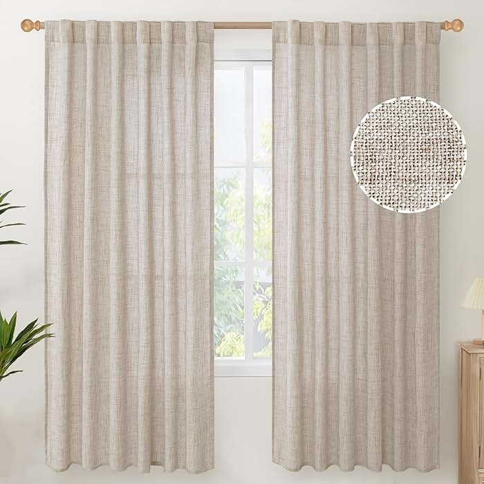 YoungsTex Linen Semi Sheer Curtains 72 Inch Length 2 Panels - Light Filtering Drapes with Rod Pocket Back Tab Rustic Beige Window Treatments for Living Room Dining Bedroom, 52 X 72 Inch - Product Image