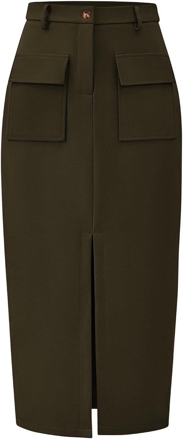 KIRUNDO Midi Skirts for Women Summer Fall High Waisted Cargo Trendy Pencil Slit Dressy Casual Business Work Long Skirt - Product Image