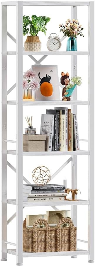 Furologee White Tall Bookshelf, Narrow Bookcase with 6 Shelves, Modern Freestanding Shelf Units, Metal and Wood Display Storage Corner Rack Organizer for Living Room, Home Office, Hallway, Bathroom - Product Image