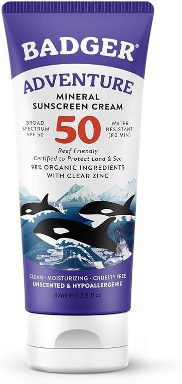 Badger Reef Safe Mineral Sunscreen, SPF 50, 98% Organic with Zinc Oxide, Non Toxic, Water Resistant, Unscented & Hypoallergenic, Broad - Spectrum, For Adventure & Sport, 2.9 fl oz - Product Image