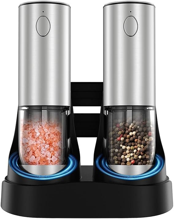 Electric Salt and Pepper Grinder Set, Automatic Pepper Mill Grinder w/Upgraded Charge Base and LED Light,Adjustable Coarseness,Rechargeable Black Peppercorn & Sea Salt Spice Mill Set - Product Image