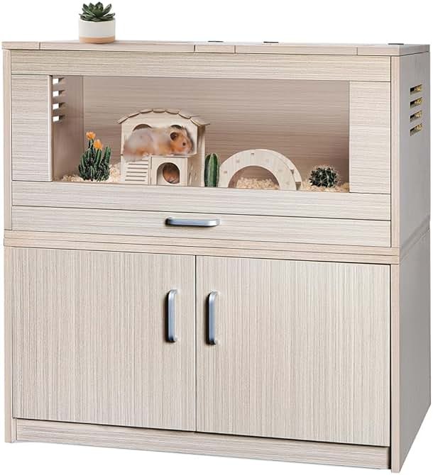 Wooden Hamster Cage Furniture with Storage Cabinet, Small Animal Cage Guinea Pig Cages with Hideout Castle and Ladders Bridge, Easy View Acrylic Panels, Large Habitat for Gerbils Mice Hedgehog Degus - Product Image