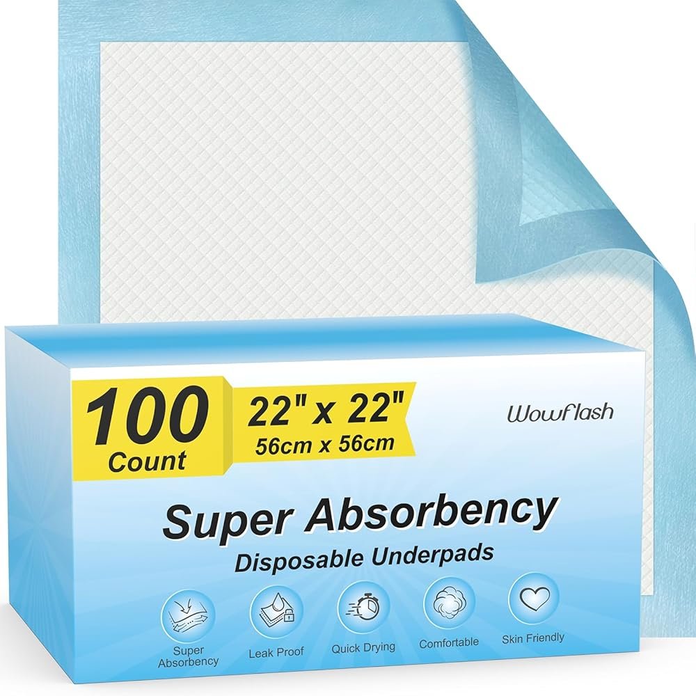 100 Count 22” x 22” Super Absorbency Disposable Underpads, Leakproof Quick Drying Disposable Pads for Baby, Puppy and Adults, Puppy Pads, Cat Pee Pads for Dogs, Potty Puppy Training Pads - Product Image