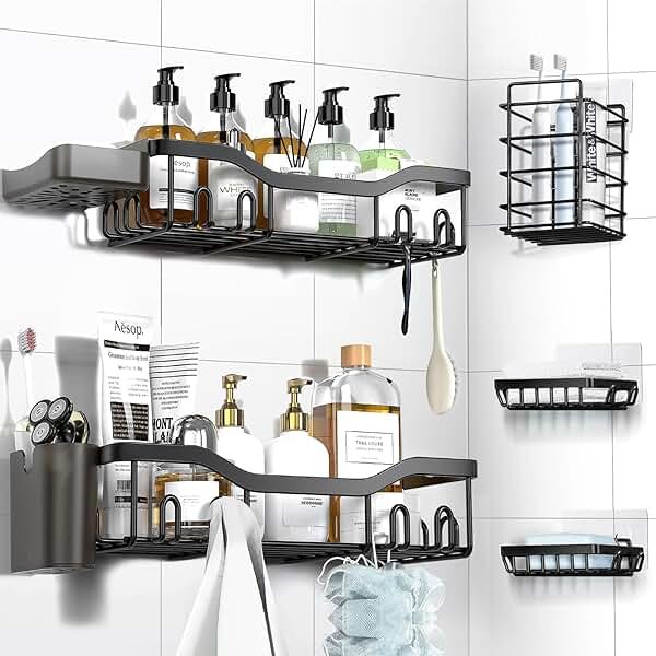 NESOMI Shower Caddy Adhesive Shower Organizer 7-Pack, Rustproof Stainless Steel Bathroom Shelves, Large Capacity No-Drill Rack Storage Accessories with Soap Dish Toothbrush Holder &24 Hooks Home Decor - Product Image