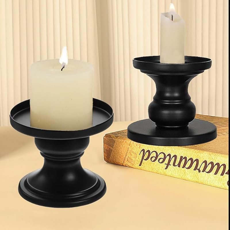 Matte Black Iron Pillar Candle Holders - Set of 2 Candlestick Holders, Metal Candle Holder for Pillar & Taper, Table Mantle Fireplace Farmhouse Home Decor - Product Image