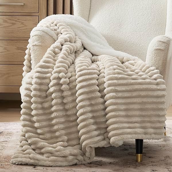 Bedsure Sherpa Throw Blanket for Couch - Super Soft, Comfort Cozy Fleece Thick Warm Blanket for Women, GentleSoft Plush & Fluffy Spring Throw Gift for Women, Room Decor, Beige, 50x60 Inches - Product Image
