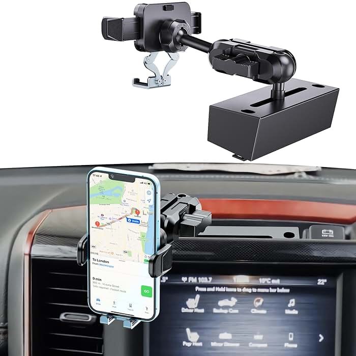 Metal Phone Mount for Ram Truck 2019-2026, Dash Cell Phone Holder Compatible with Dodge Ram 1500/2500/3500 & TRX Accessories, 360° Adjustable Shakeproof Adapter Phone Stand for Most Smartphones - Product Image