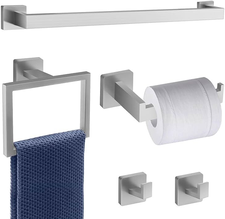 5 Piece Brushed Nickel Towel Bar Set Bathroom Hardware Set Brushed Nickel Bathroom Accessories Set with 2 Towel Hook, Stainless Steel Wall Mounted Bathroom Towel Rack Set Square 16-Inch - Product Image